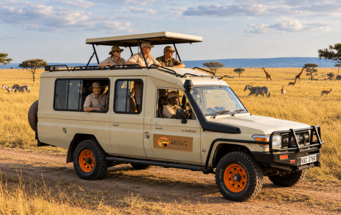 Best time to go on safari in Kenya, with a 4x4 safari vehicle overlooking the Maasai Mara plains