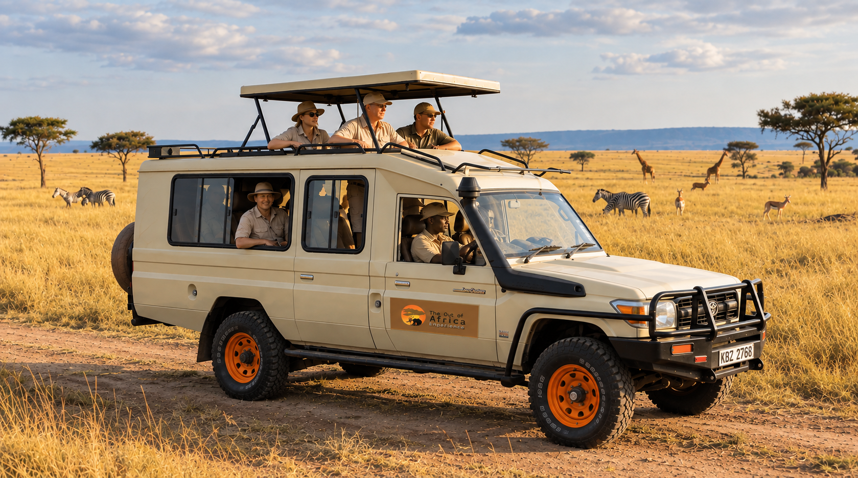 Best time to go on safari in Kenya, with a 4x4 safari vehicle overlooking the Maasai Mara plains