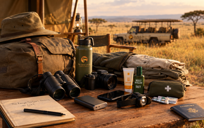 Kenya safari packing list essentials including binoculars, camera, safari clothing, sunscreen and travel gear at a safari camp