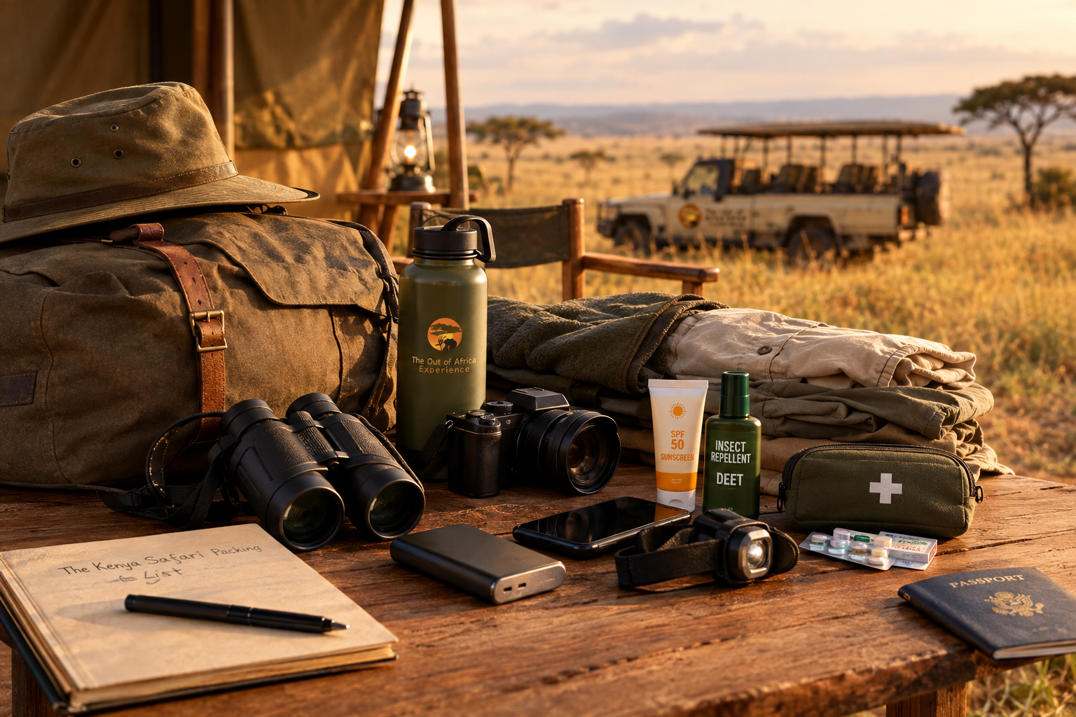 Kenya safari packing list essentials including binoculars, camera, safari clothing, sunscreen and travel gear at a safari camp