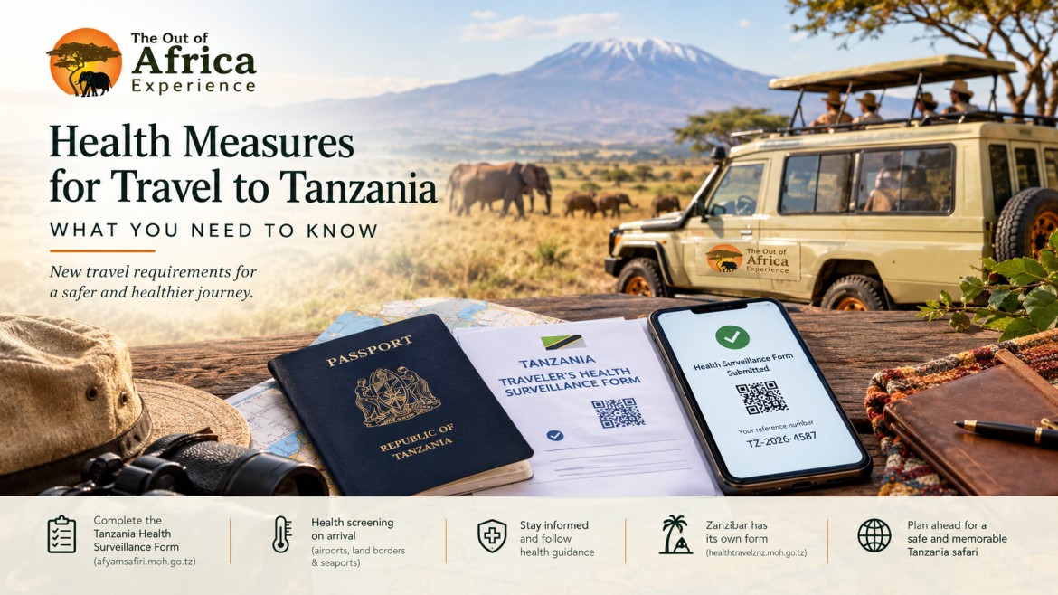 Tanzania health surveillance form on a phone beside a passport, with elephants, a safari vehicle and Mount Kilimanjaro behind